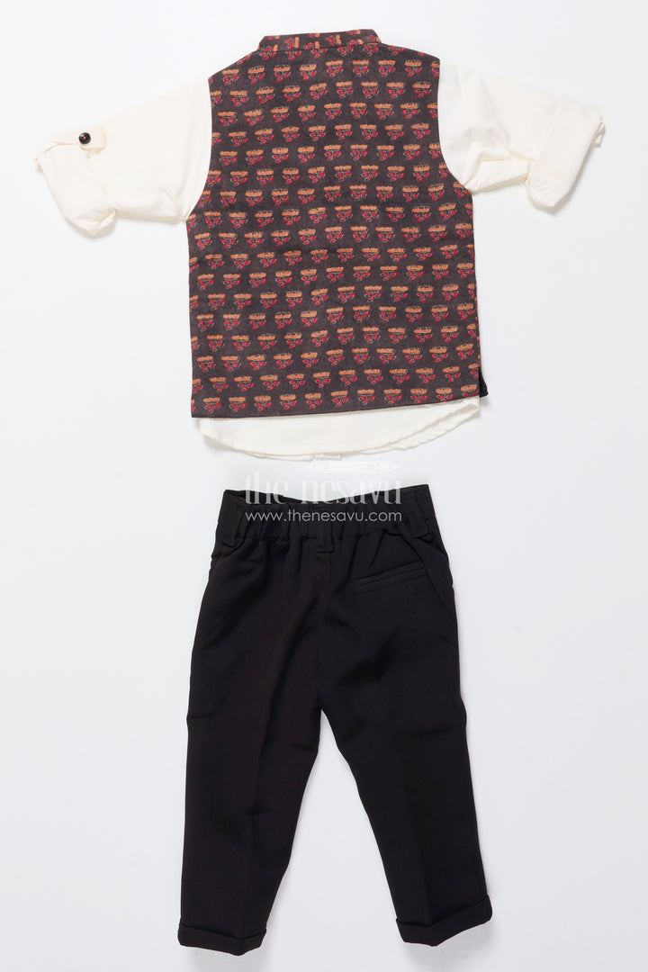 Boys Ethnic Outfit with Printed Nehru Jacket and Cotton Pants