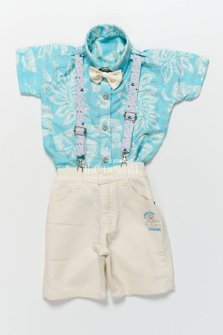 Boys Suspender Outfit Set with Leaf Print for Family Functions and Celebrations