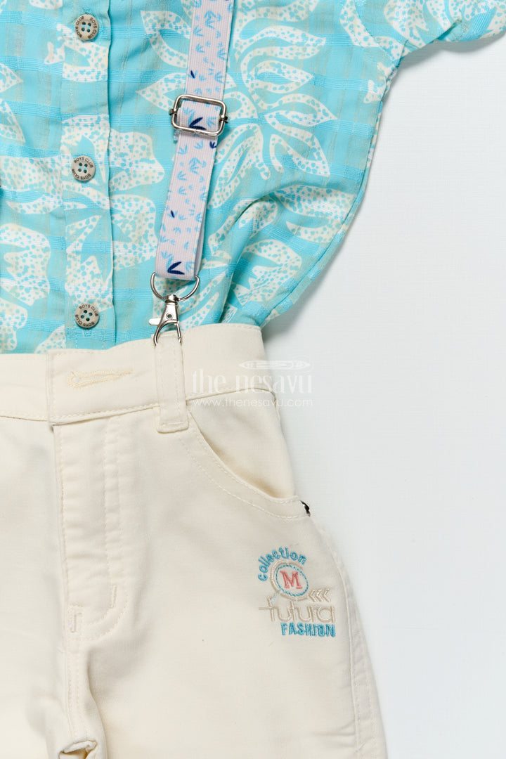 Boys Suspender Outfit Set with Leaf Print for Family Functions and Celebrations
