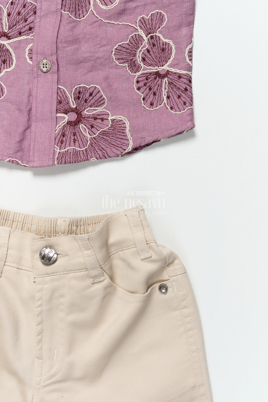 Boys Festive Wear Set with Floral Embroidery and Soft Cotton Shorts