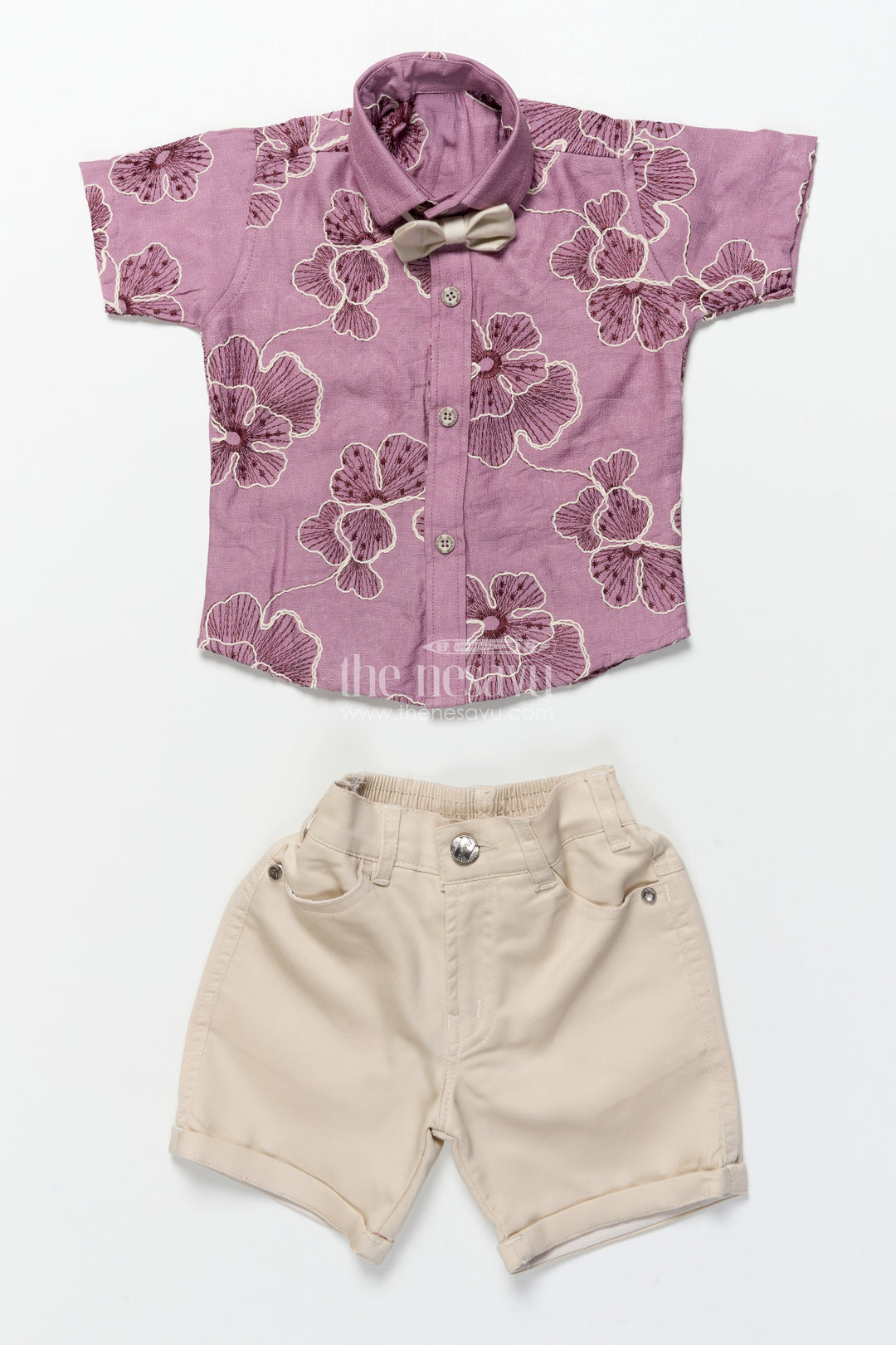 Boys Festive Wear Set with Floral Embroidery and Soft Cotton Shorts