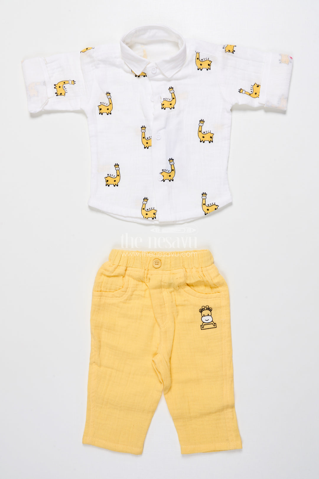 Yellow Baby Boy Casual Set with Printed Muslin Shirt and Pants