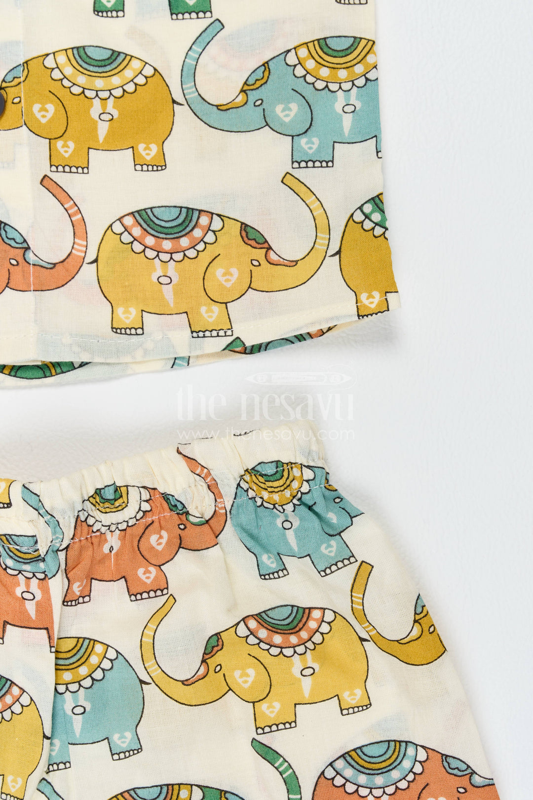 Boys Cotton Shirt and Shorts Set with Elephant Detailing in Cream