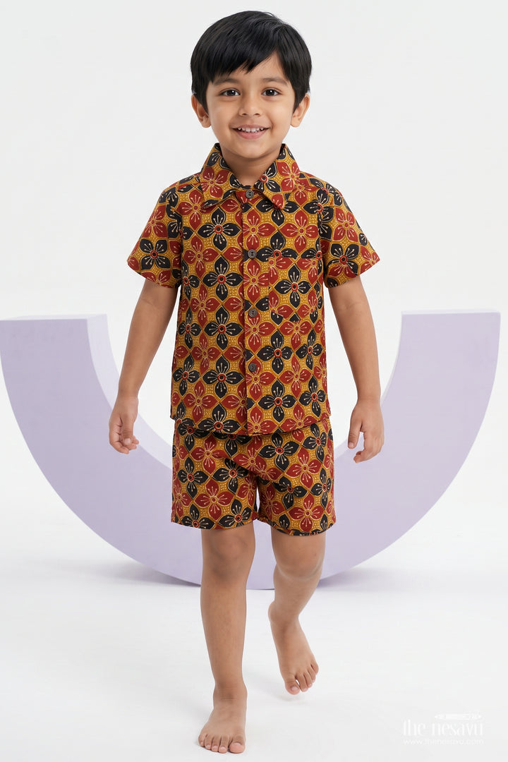 Boys Cotton Shirt and Shorts Set with Designer Detailing in Yellow