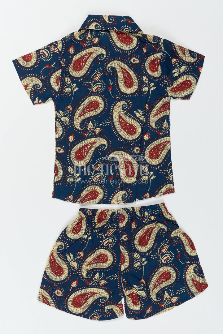 Boys Cotton Shirt and Shorts Set with Paisley Print in Blue