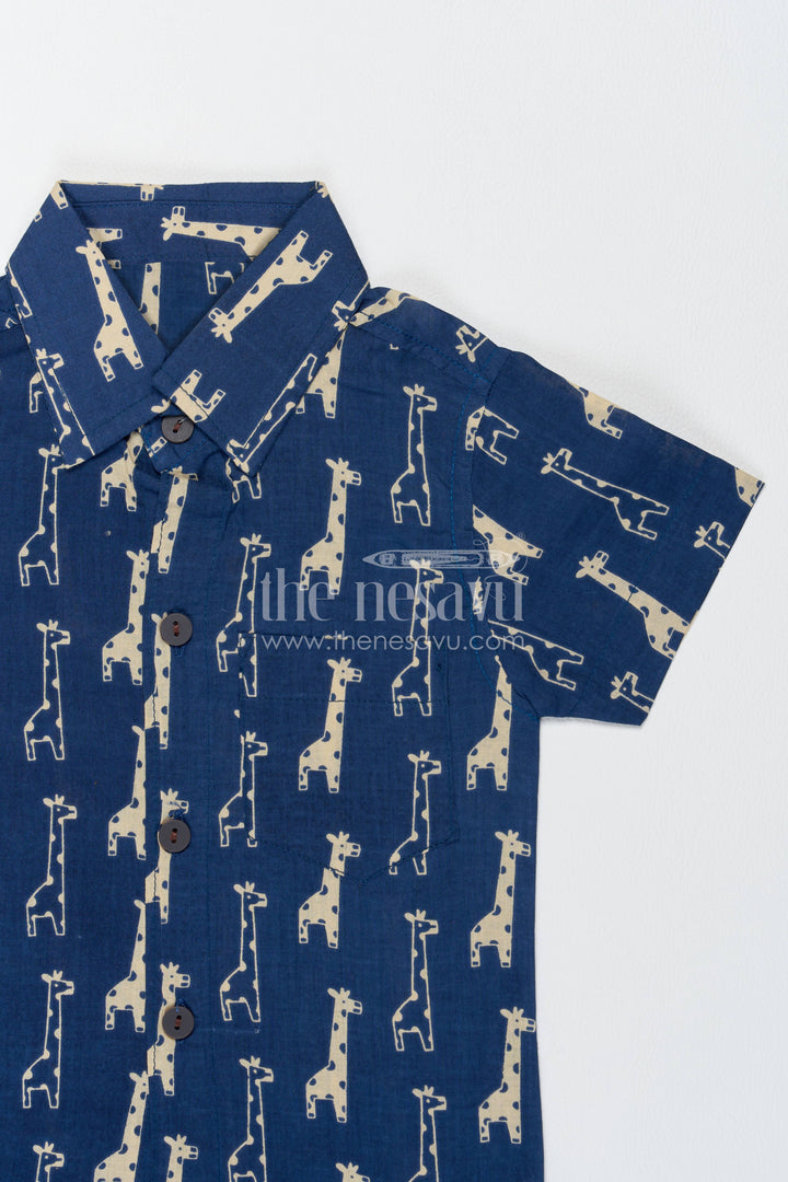 Boys Cotton Shirt and Shorts Set for Celebrations with Blue Giraffe Print