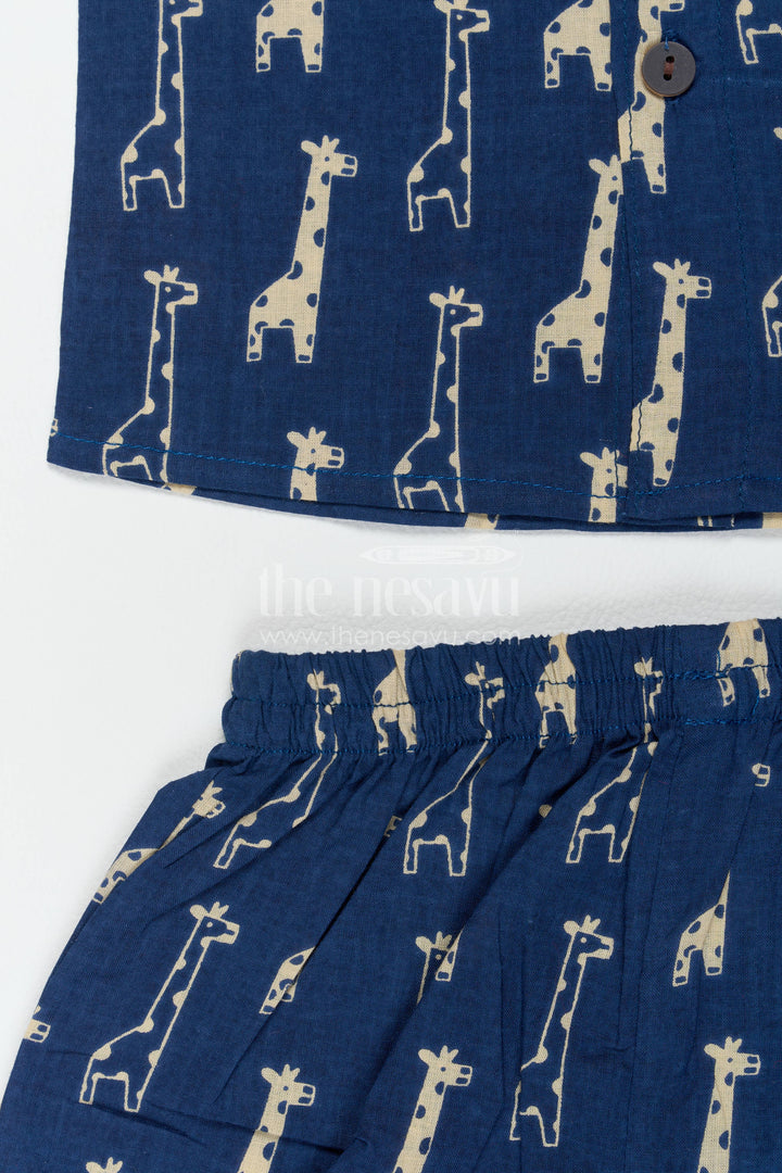 Boys Cotton Shirt and Shorts Set for Celebrations with Blue Giraffe Print