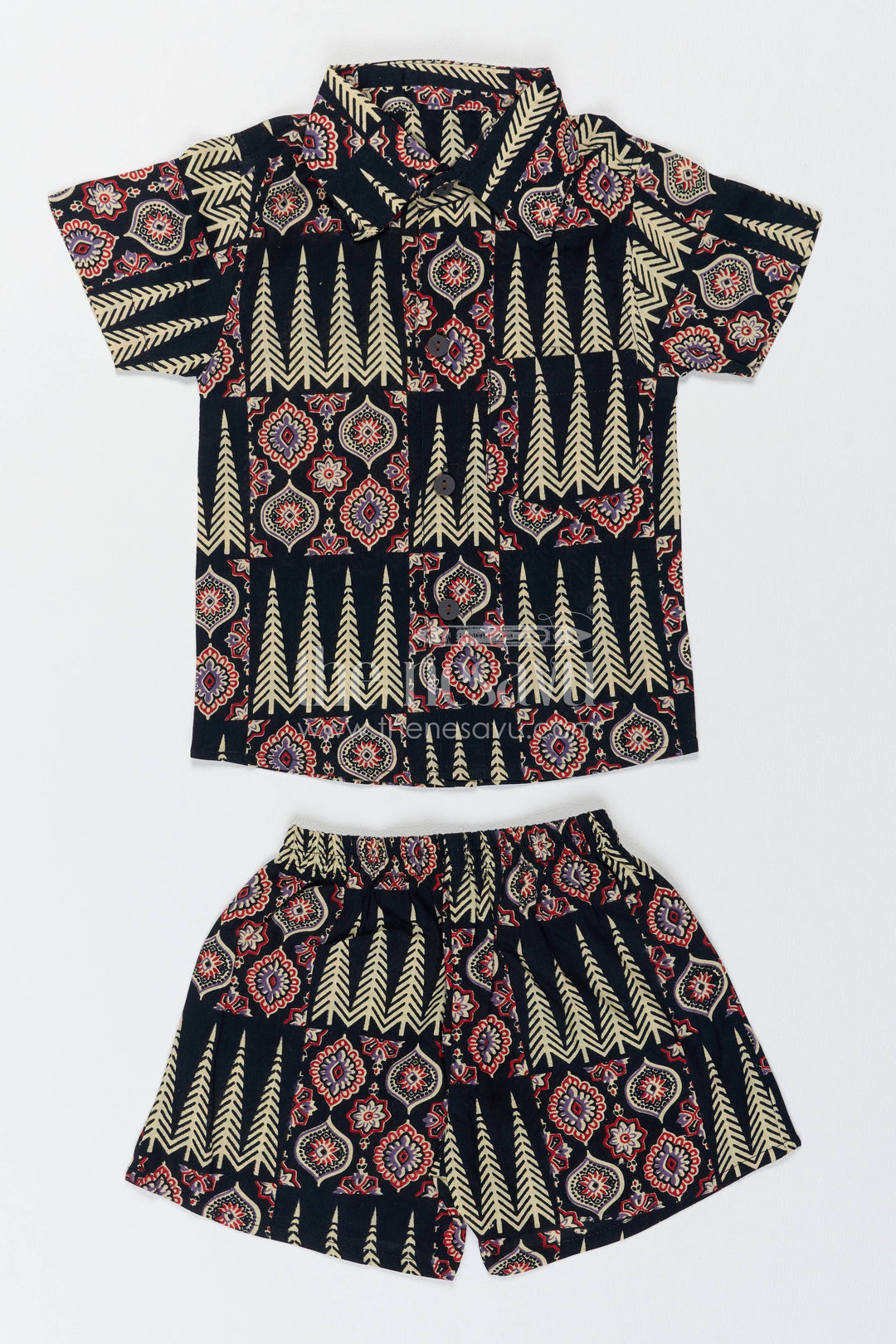 Boys Cotton Shirt and Shorts Set with Striped Detailing in Black