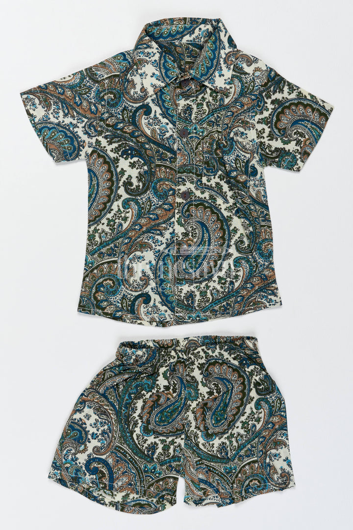 Boys Cotton Shirt and Shorts Set with Paisley Print in Green