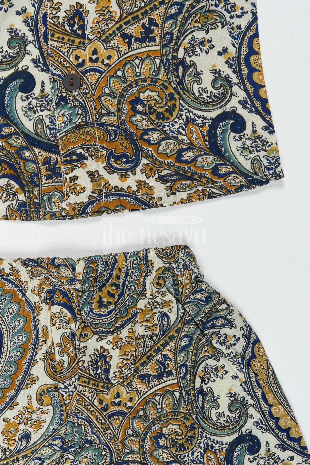 Boys Cotton Shirt and Shorts Set with Paisley Print in Yellow