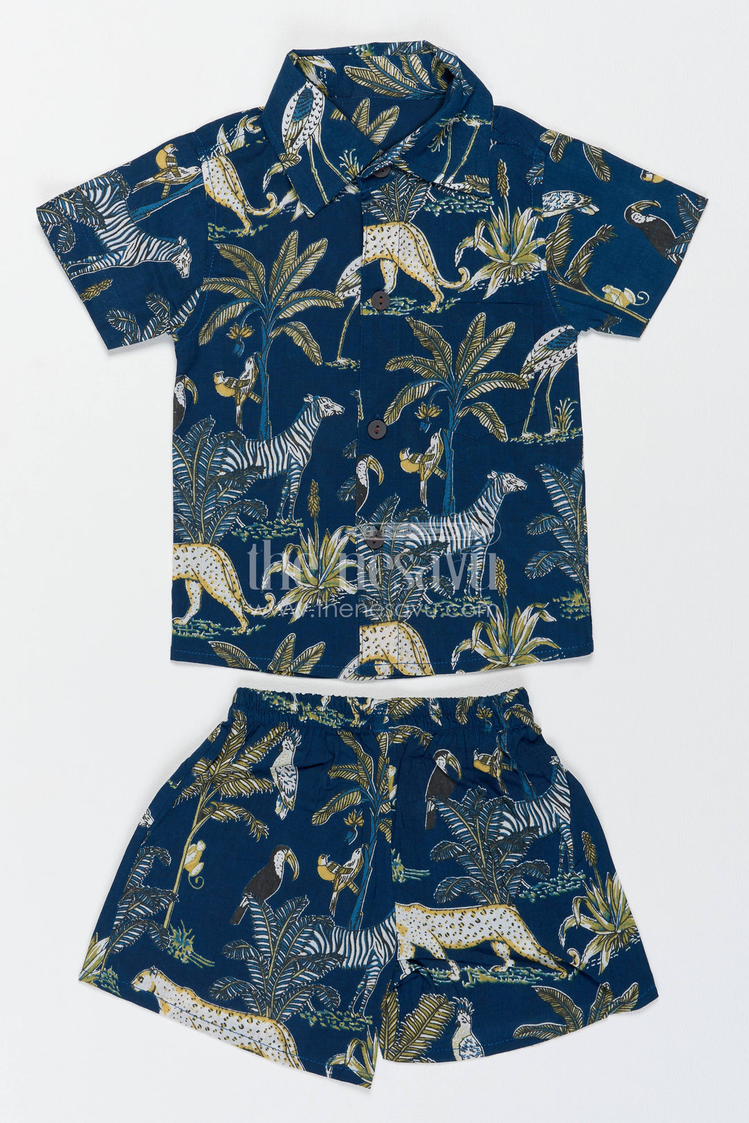 Boys Cotton Shirt and Shorts Set with Safari Print in Blue