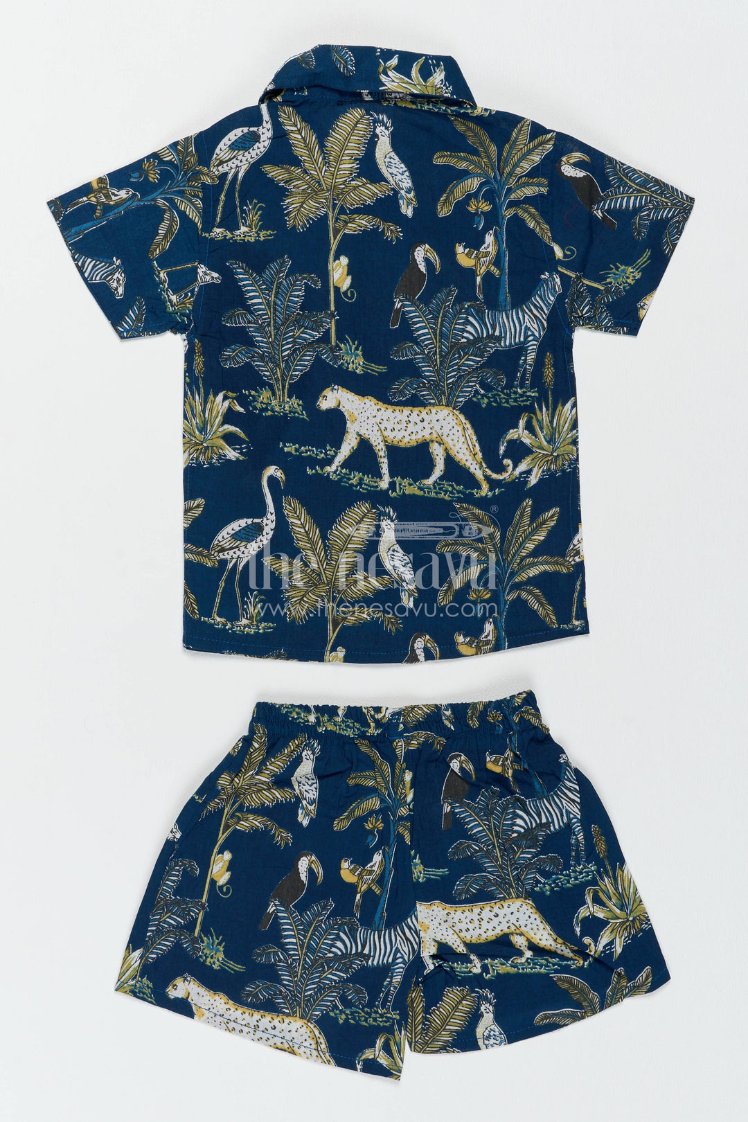 Boys Cotton Shirt and Shorts Set with Safari Print in Blue