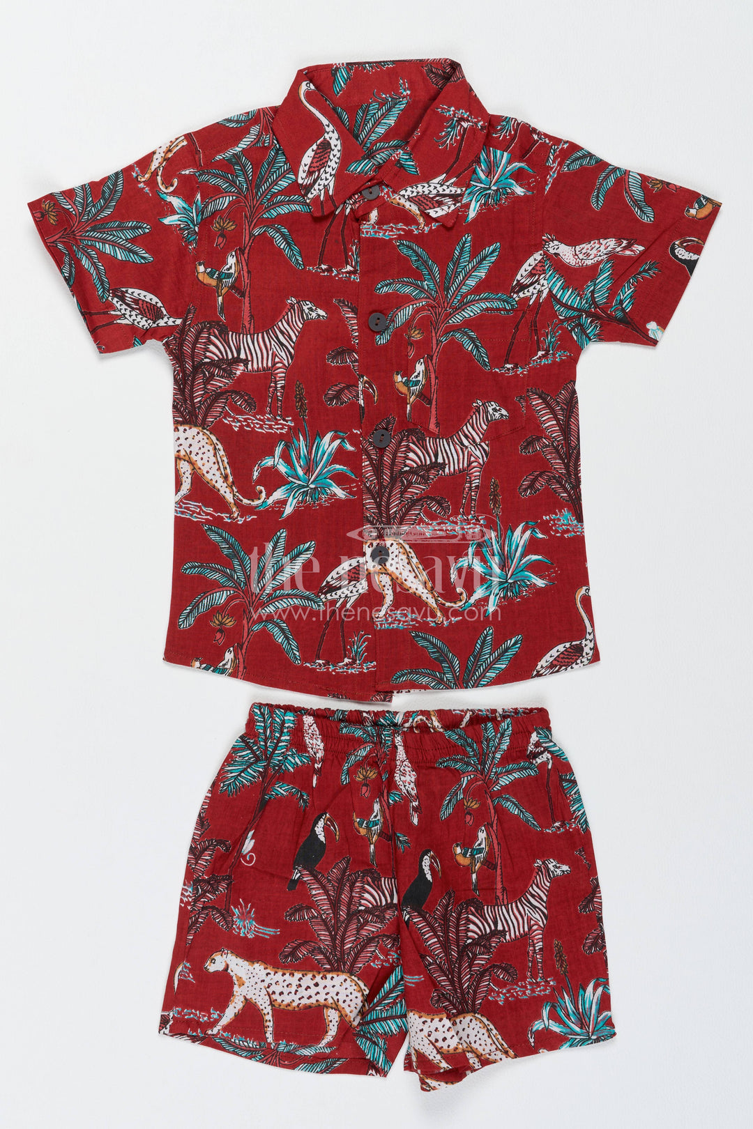 Boys Cotton Shirt and Shorts Set for Kids with Safari Print in Red