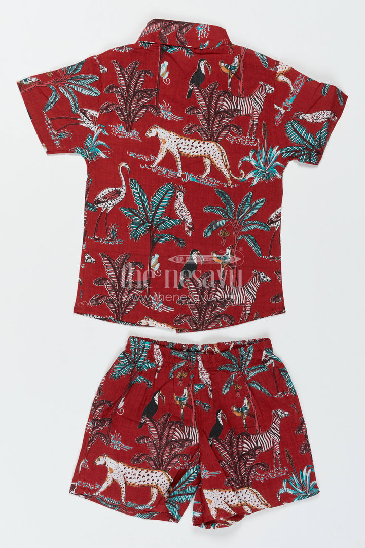 Boys Cotton Shirt and Shorts Set for Kids with Safari Print in Red