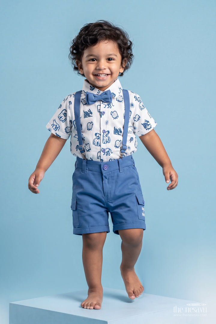 Boys Cotton Shirt and Shorts Set with Elephant Detailing in Blue