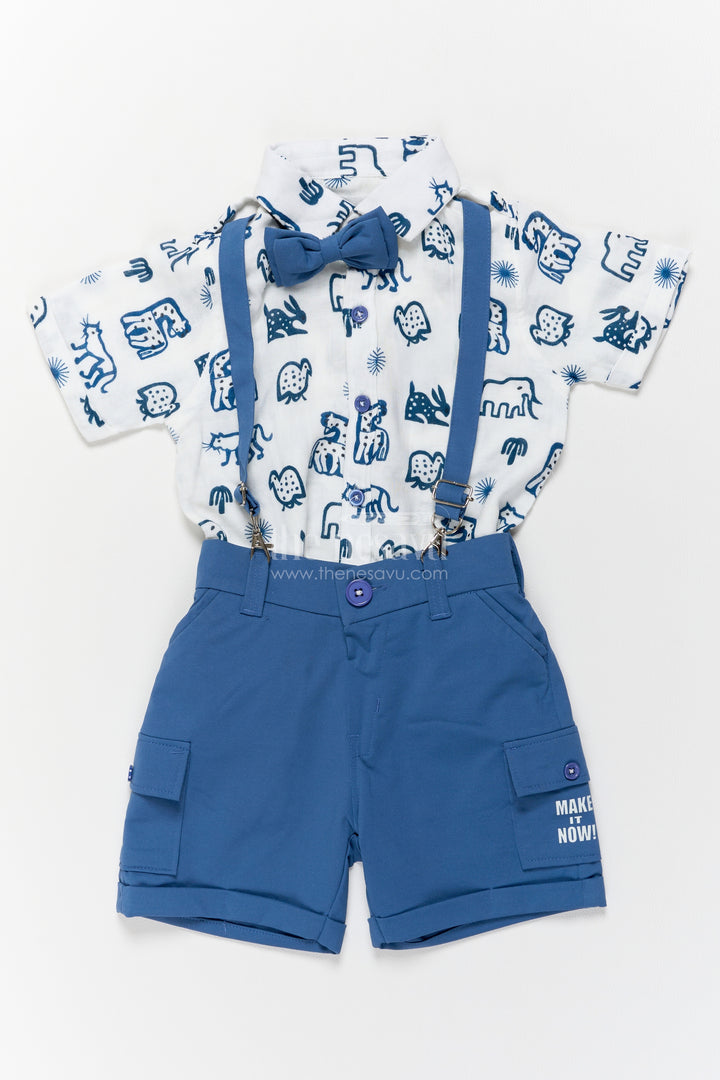 Boys Cotton Shirt and Shorts Set with Elephant Detailing in Blue