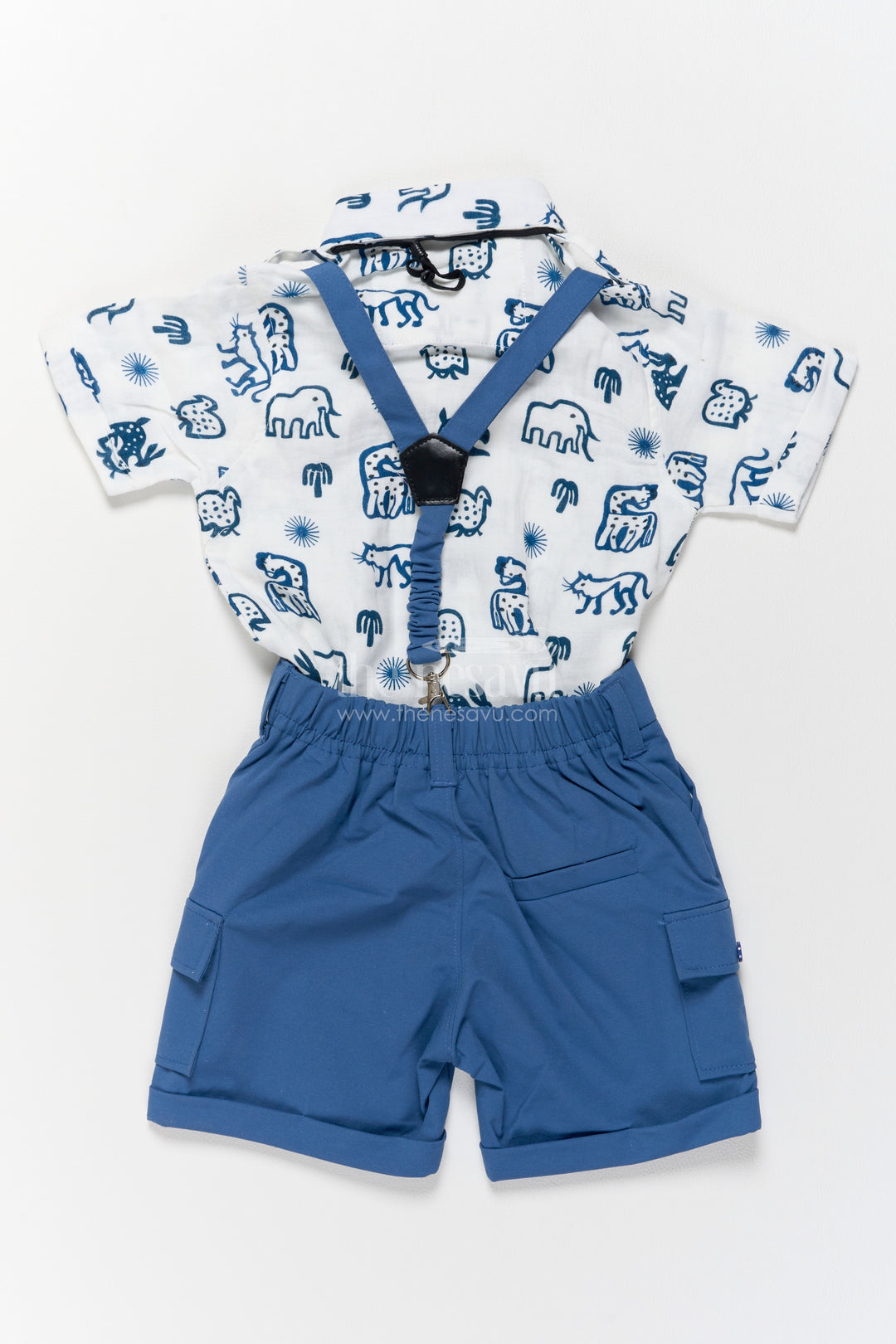 Boys Cotton Shirt and Shorts Set with Elephant Detailing in Blue
