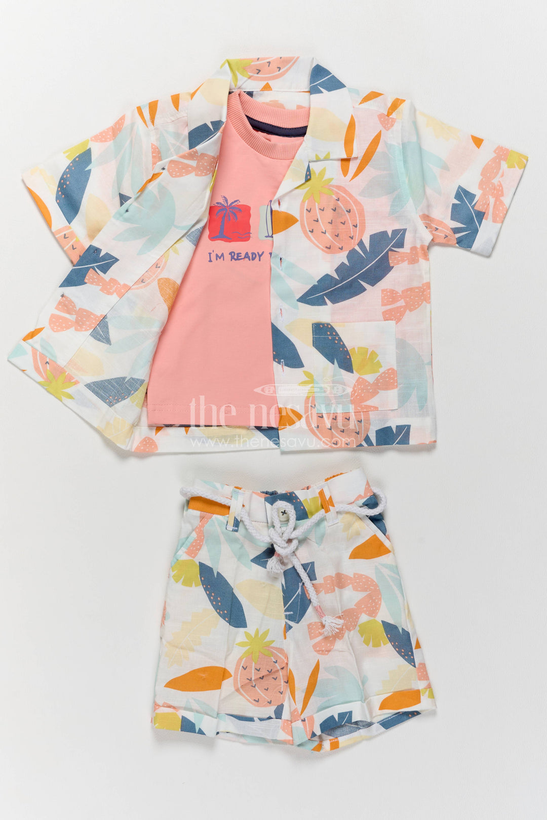 Boys Cotton Shirt and Shorts Set with Designer Detailing in Peach