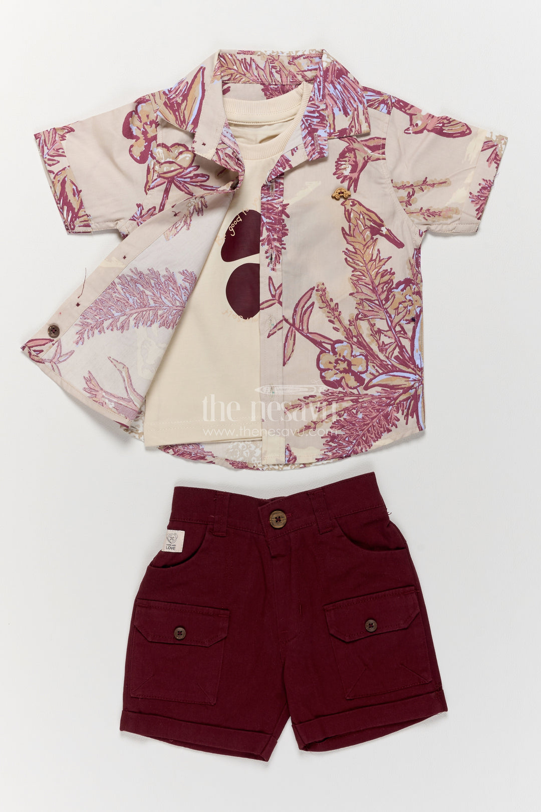 Boys Cotton Shirt and Shorts Set with Designer Detailing in Maroon