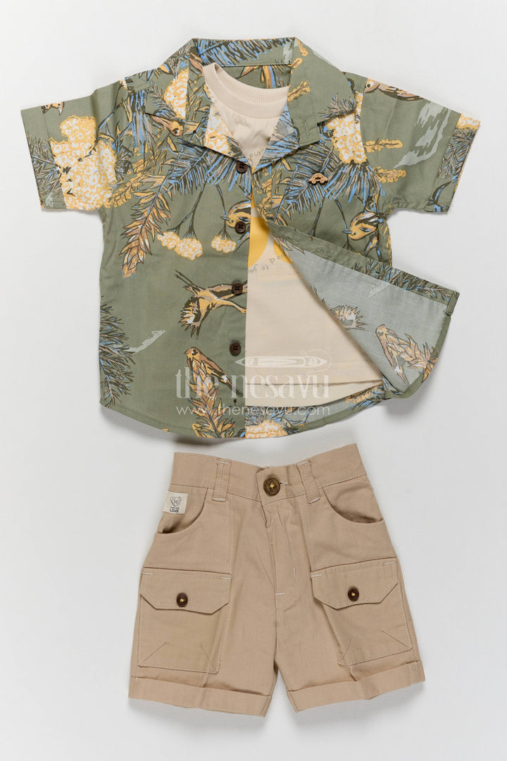 Boys Cotton Shirt and Shorts Set with Designer Detailing in Green