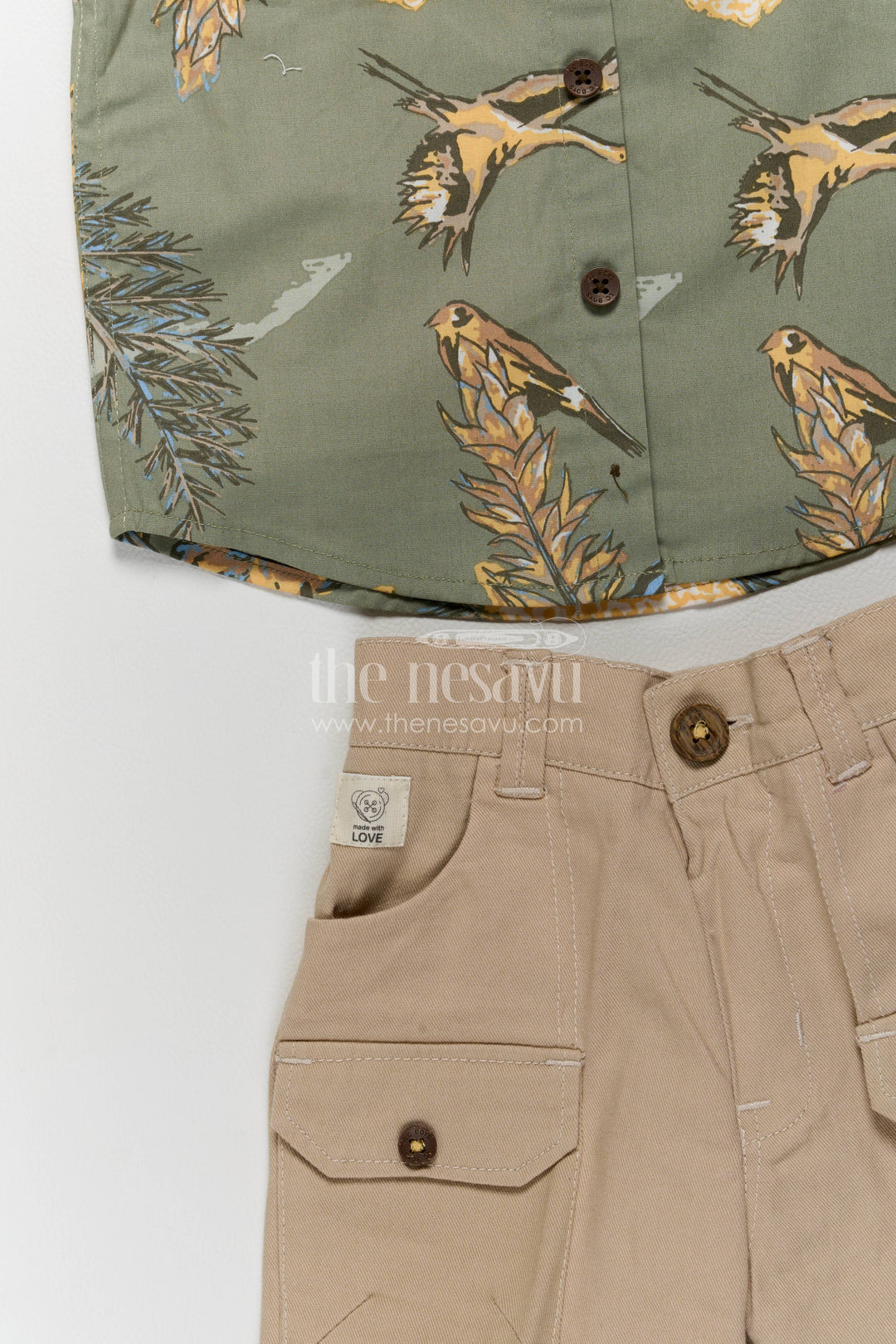 Boys Cotton Shirt and Shorts Set with Designer Detailing in Green