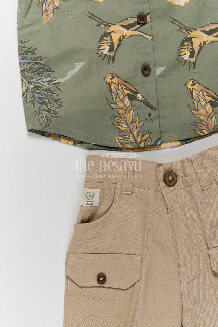 Boys Cotton Shirt and Shorts Set with Designer Detailing in Green