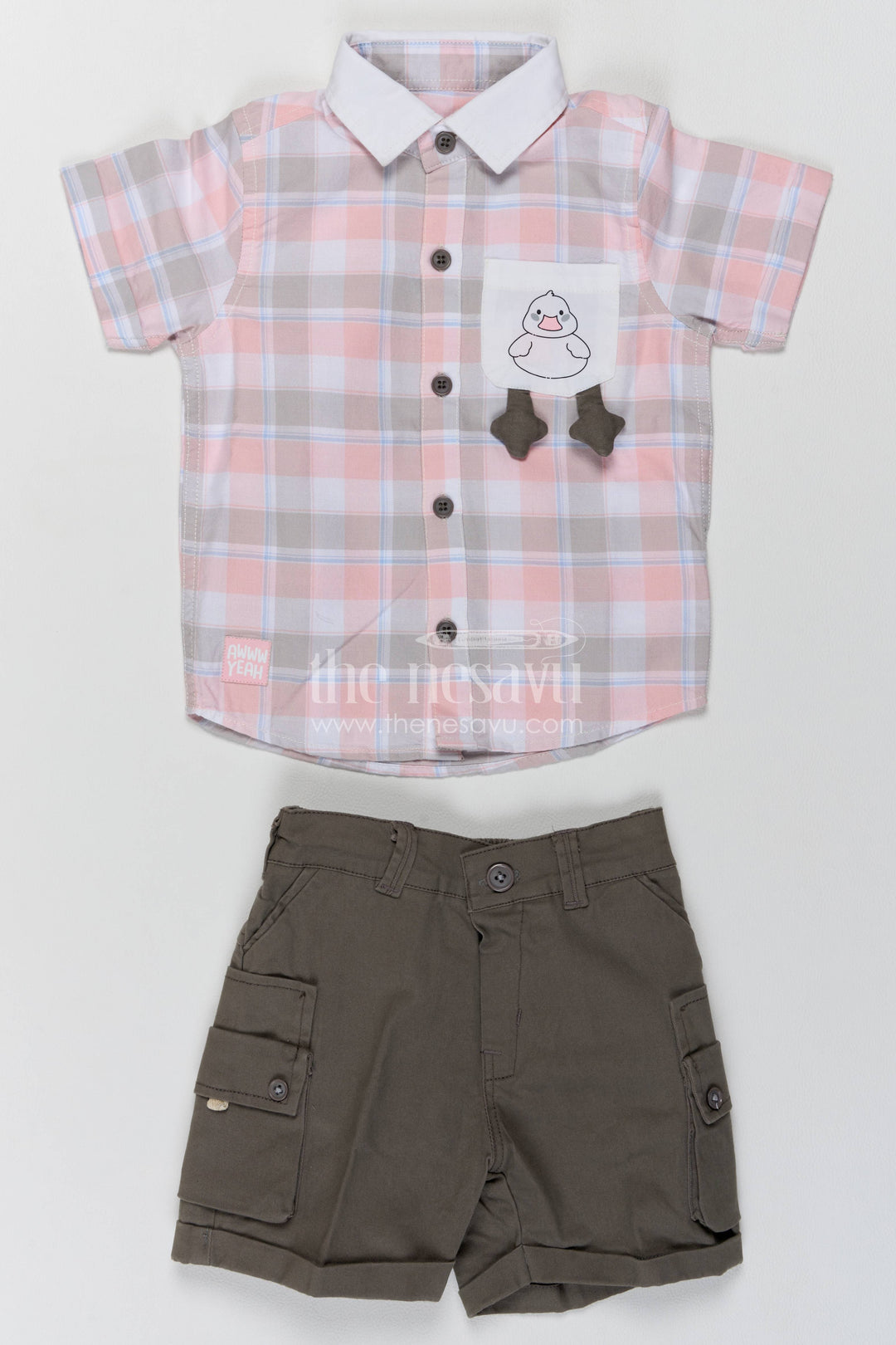 Boys Cotton Shirt and Shorts Set with Pink Plaid Detailing for Celebrations