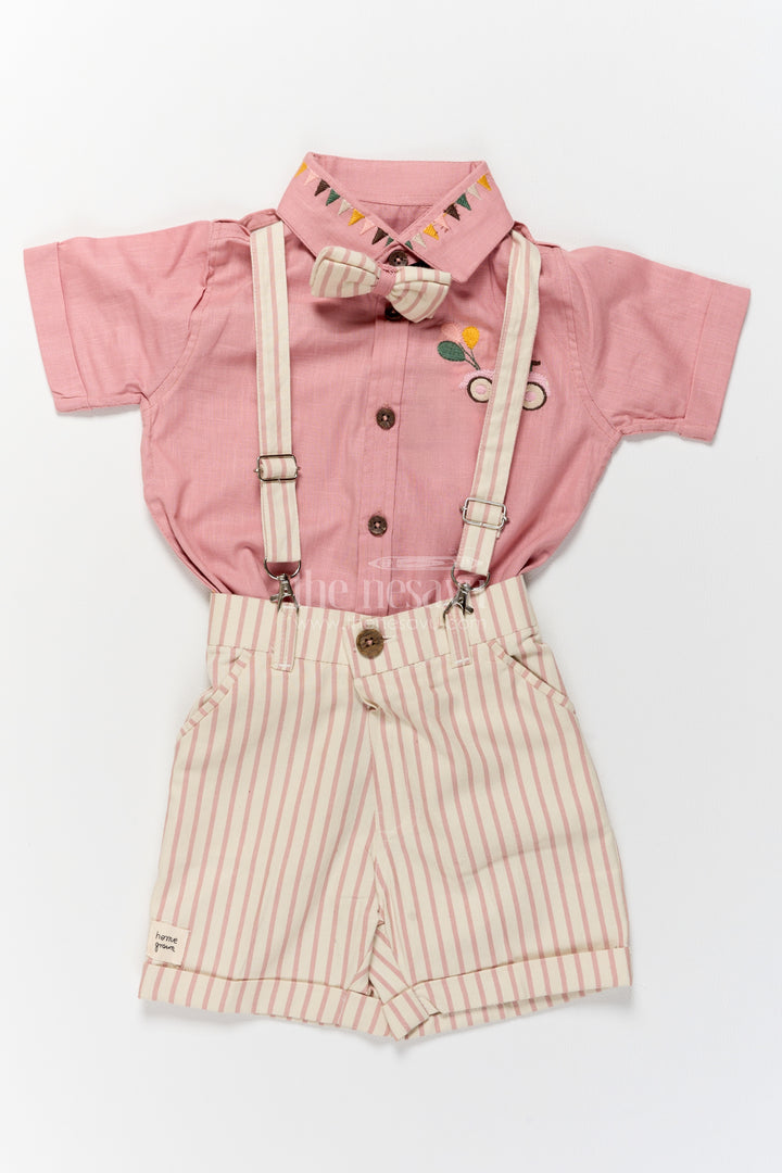 Boys Cotton Shirt and Shorts Set with Striped Detailing in Pink