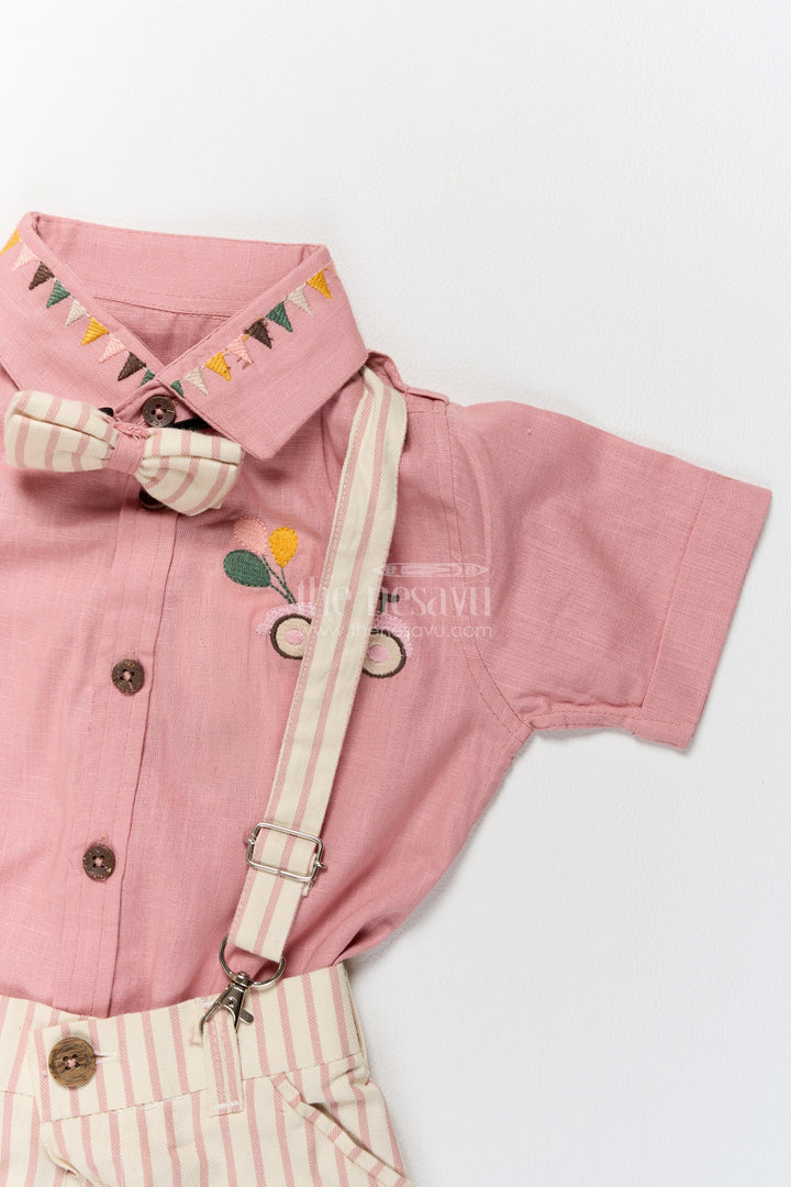 Boys Cotton Shirt and Shorts Set with Striped Detailing in Pink