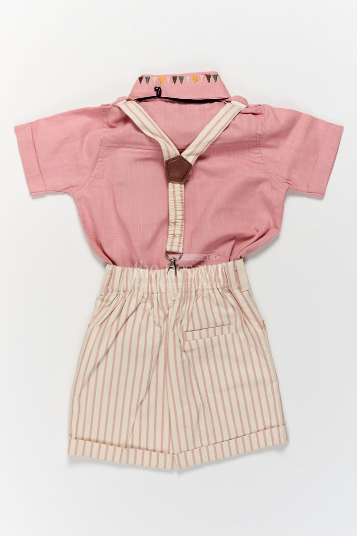 Boys Cotton Shirt and Shorts Set with Striped Detailing in Pink
