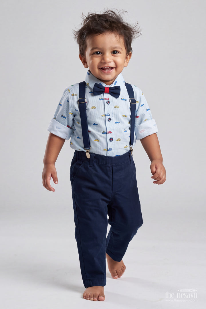 Boys Shirt and Trouser Set in Blue with Vehicle Print for Family Functions