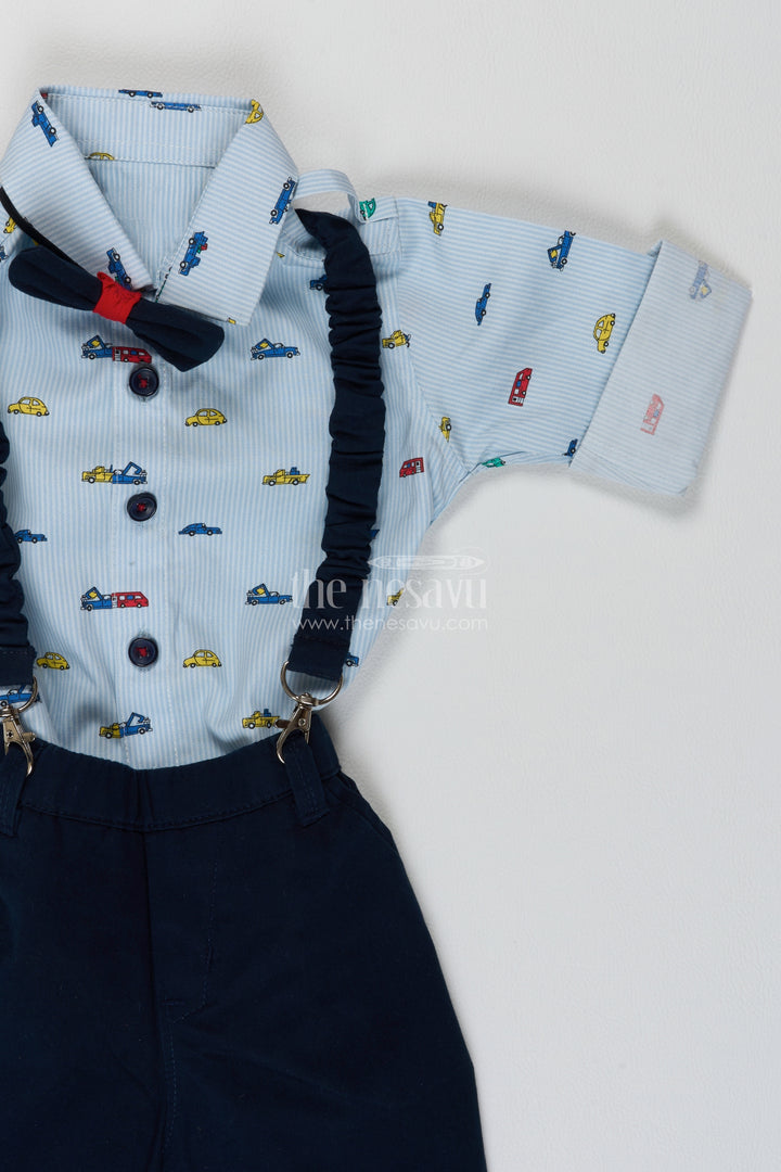 Boys Shirt and Trouser Set in Blue with Vehicle Print for Family Functions