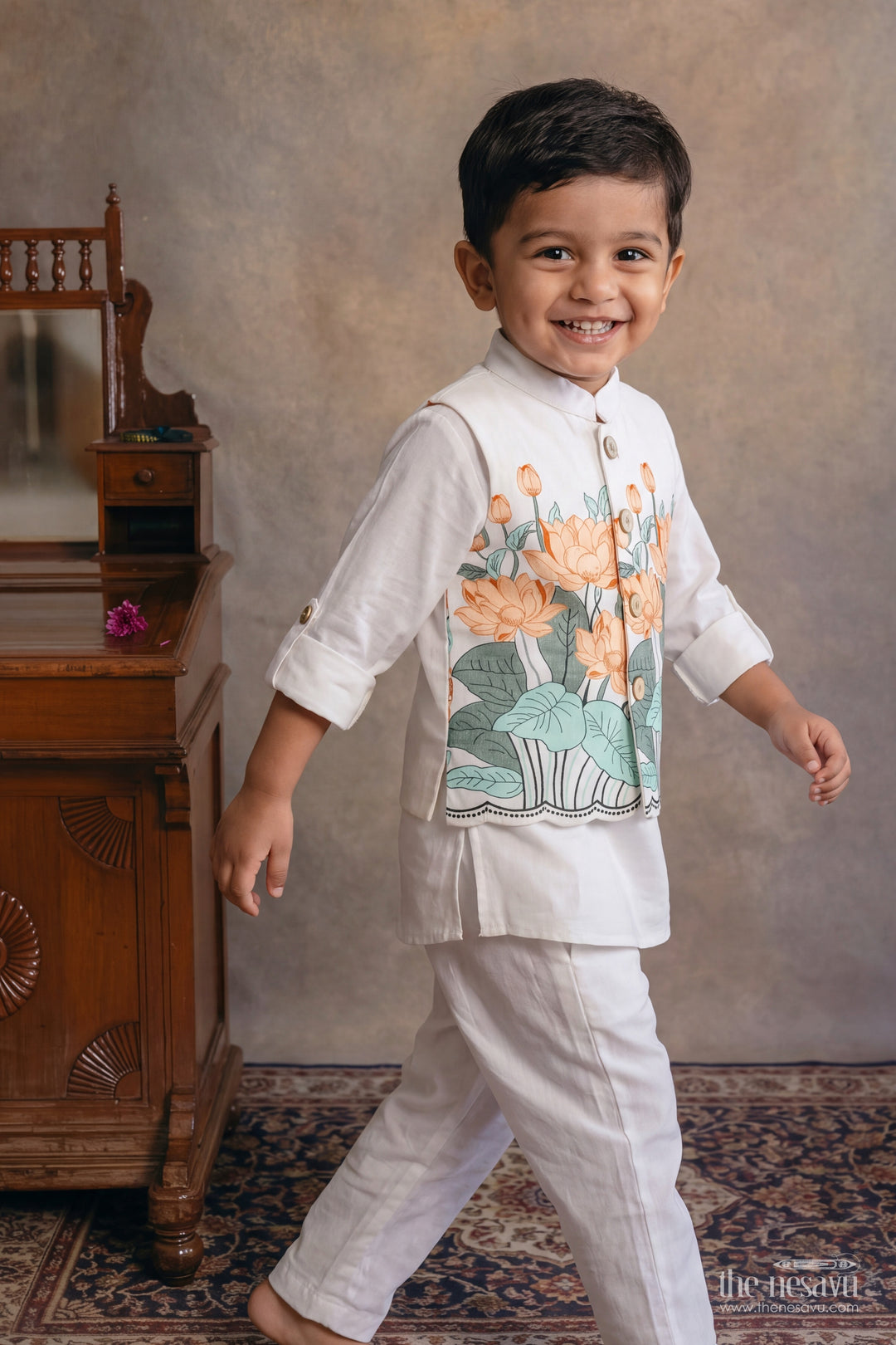 Boys Ethnic Jacket Set in Off White for Ceremony Dressing