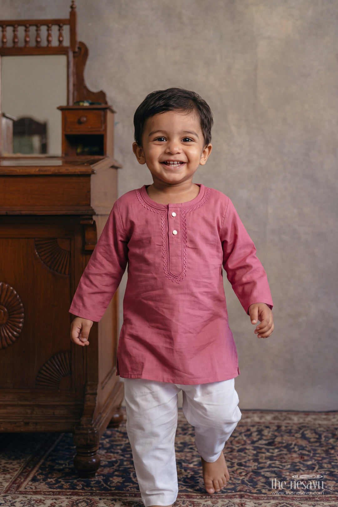 Boys Kurta Pajama Set in Pink with Smart Tailoring