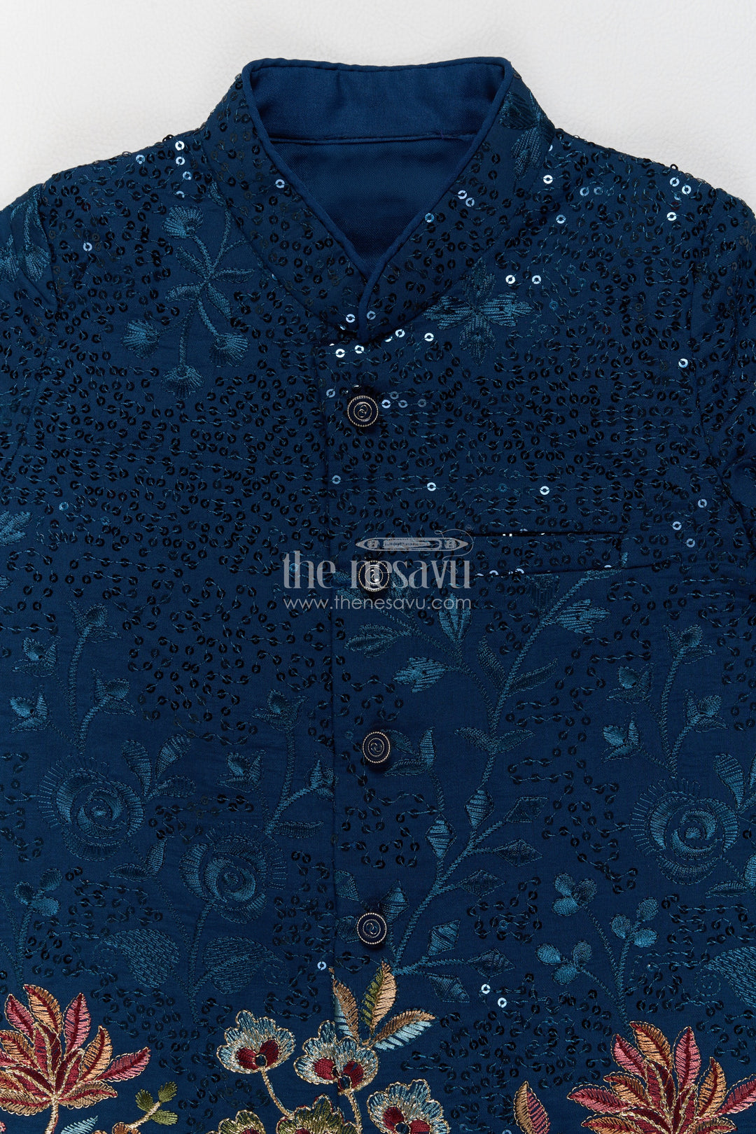 Kids Sherwani with Pant with Floral Detailing in Blue for Special Occasions