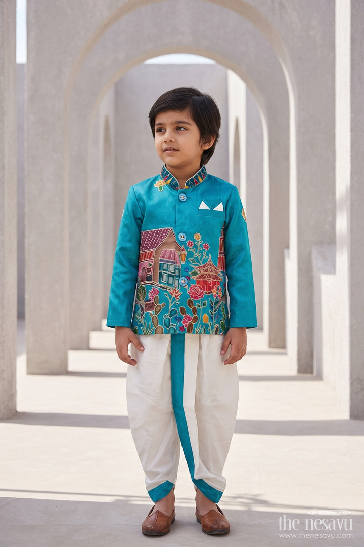 Kids Ready Made Dhoti Set for Celebrations with Blue Sequin Accents