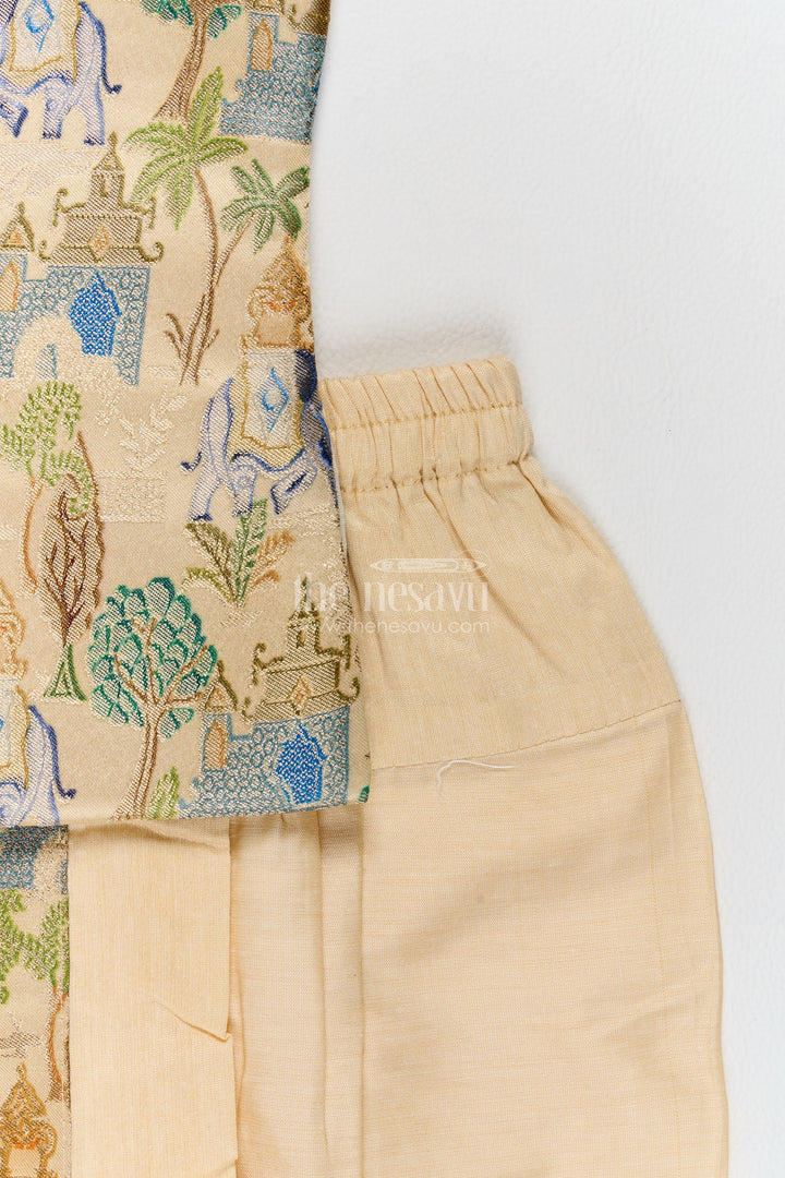 Pattu Pancha Set in Cream with Elephant Detailing for Family Functions