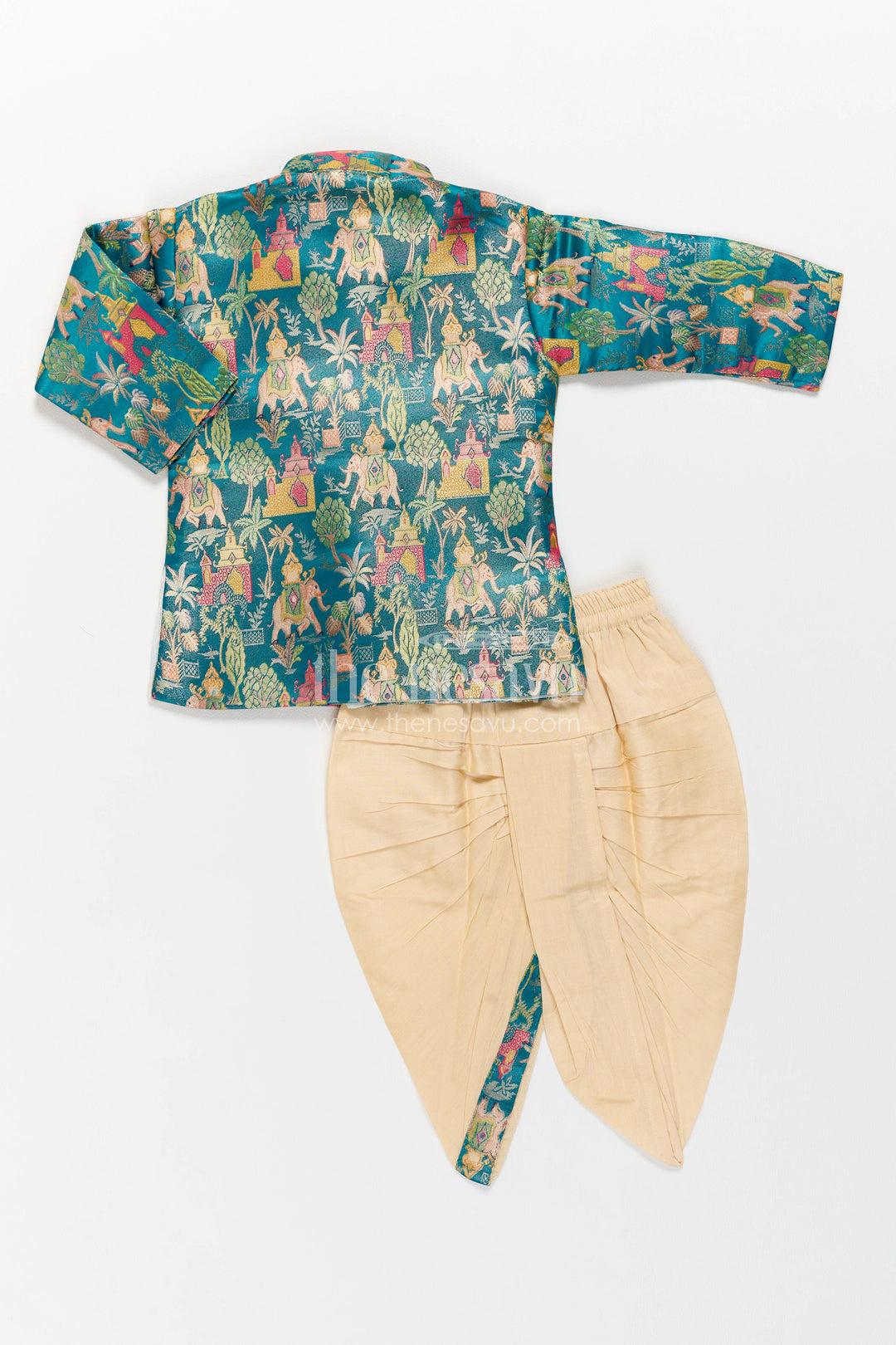 Boys Dhoti Kurta Set with Blue Elephant Detailing for Celebrations
