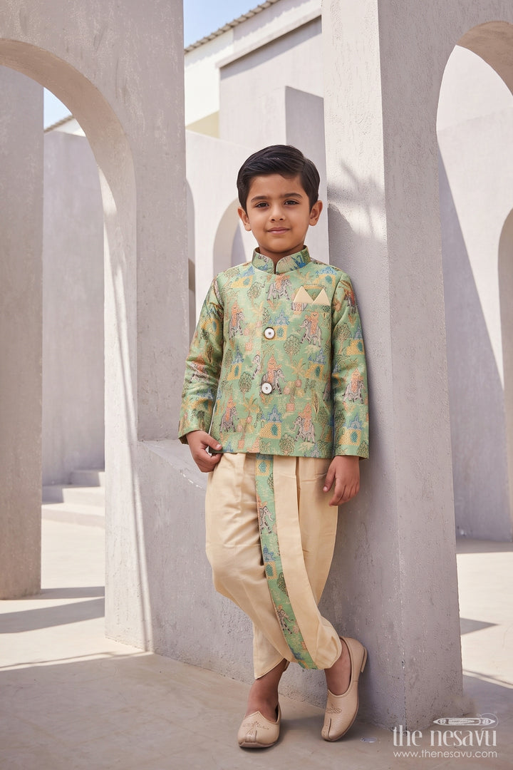 Pattu Pancha Set in Green with Elephant Detailing for Family Functions