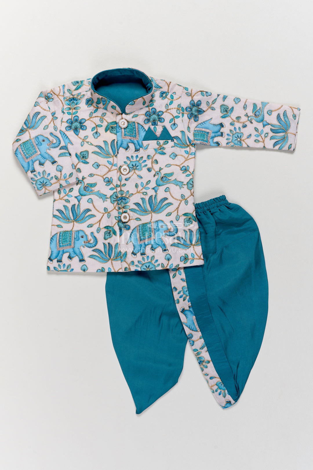 Boys Dhoti Kurta Set for Kids with Elephant Detailing in Blue
