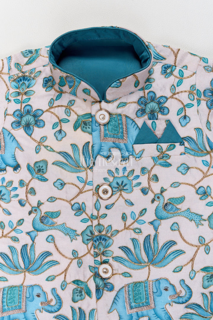 Boys Dhoti Kurta Set for Kids with Elephant Detailing in Blue