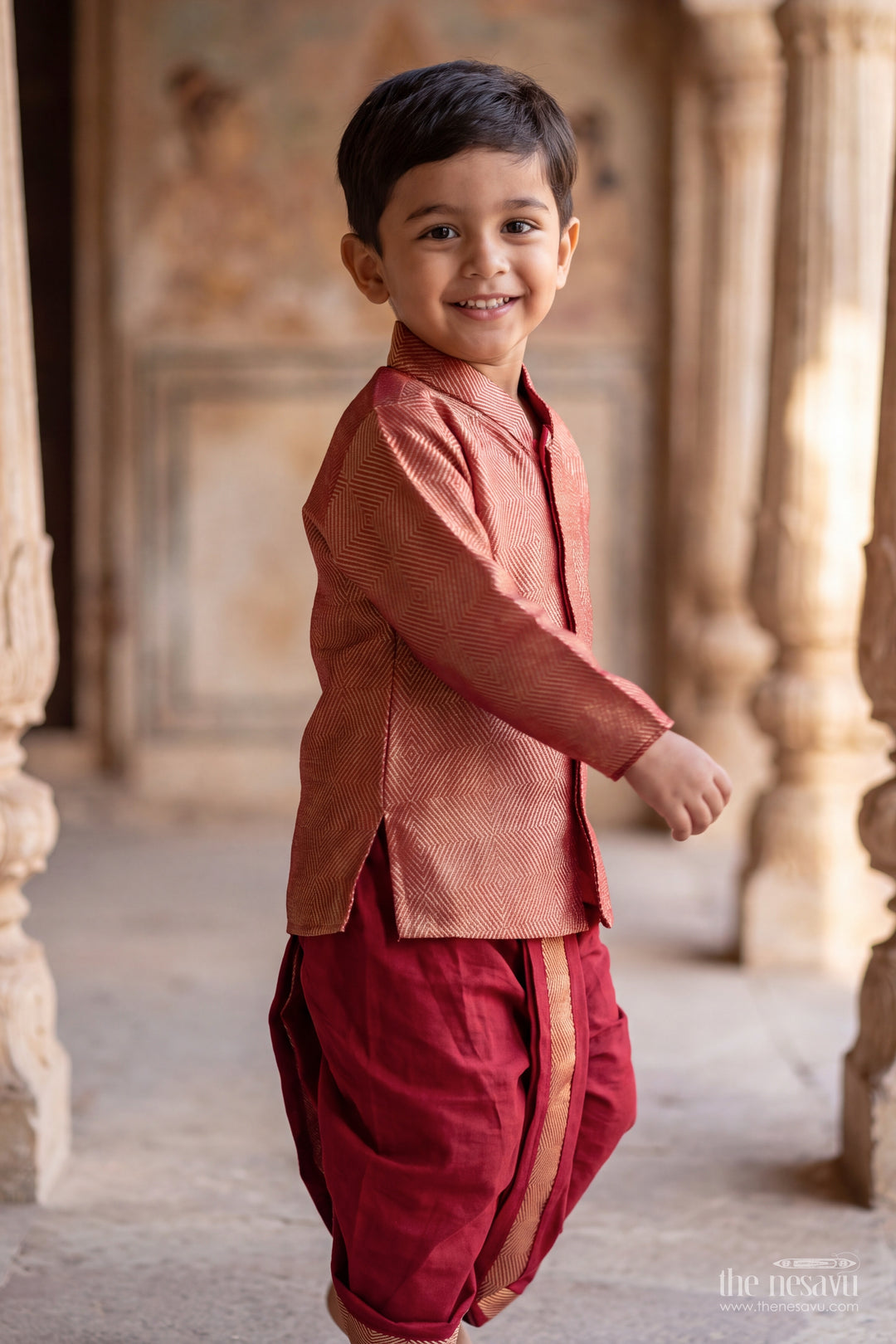 Boys Dhoti Kurta Set in Red with Woven Texture