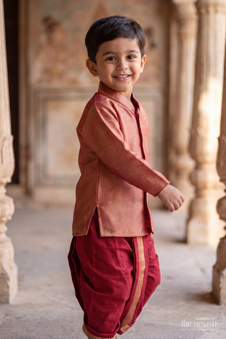 Boys Dhoti Kurta Set in Red with Woven Texture