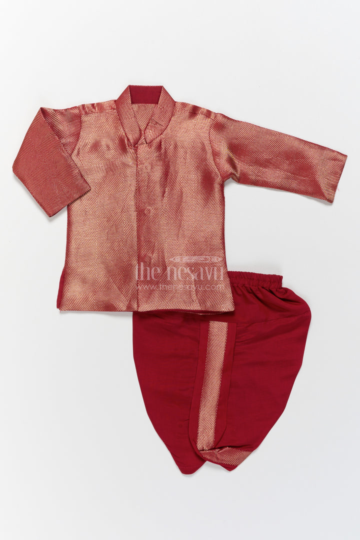 Boys Dhoti Kurta Set in Red with Woven Texture