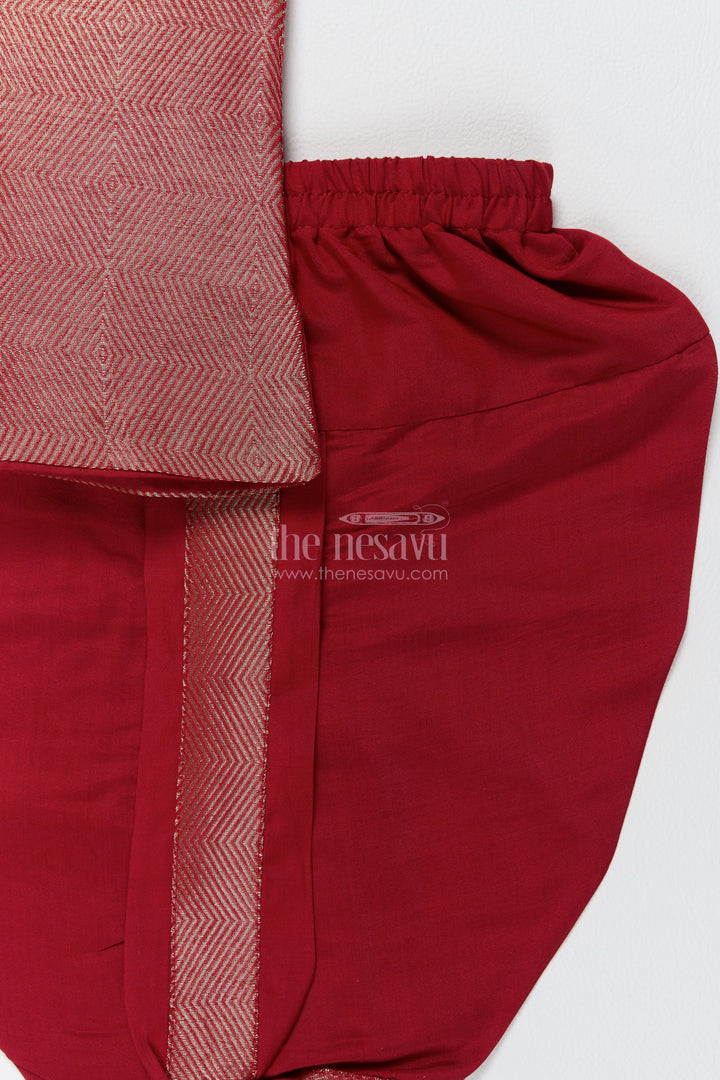 Boys Dhoti Kurta Set in Red with Woven Texture