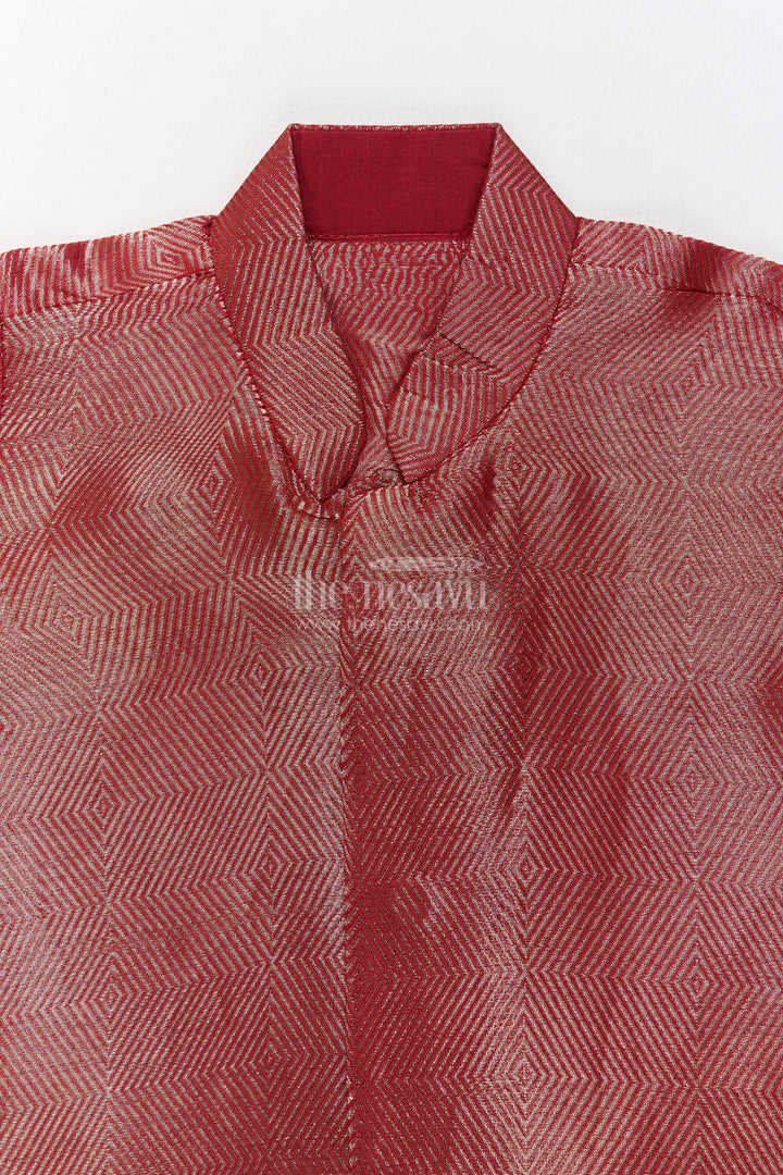 Boys Dhoti Kurta Set in Red with Woven Texture