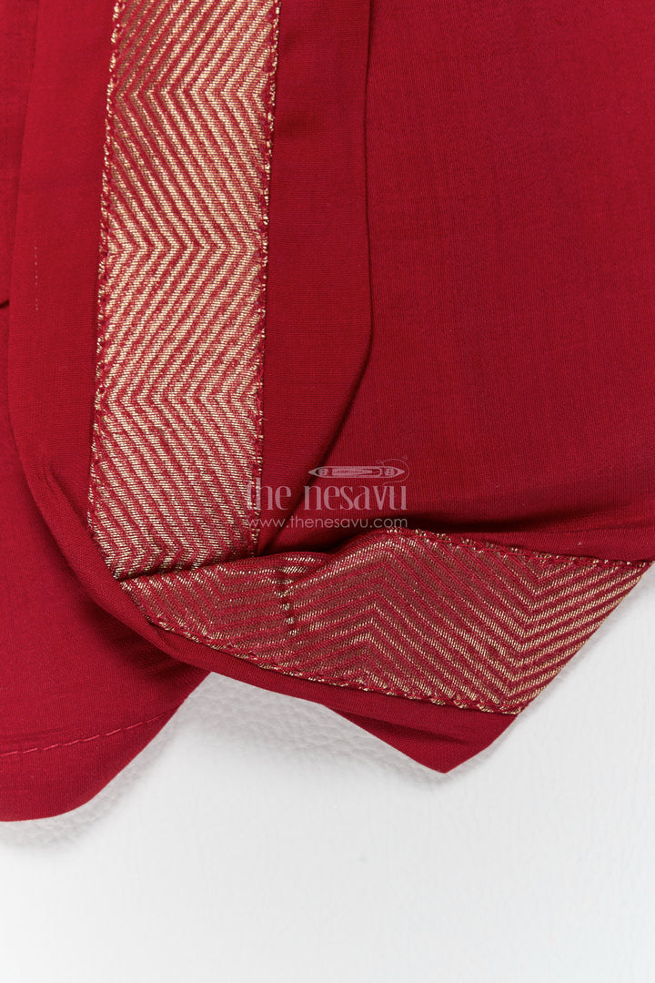 Boys Dhoti Kurta Set in Red with Woven Texture