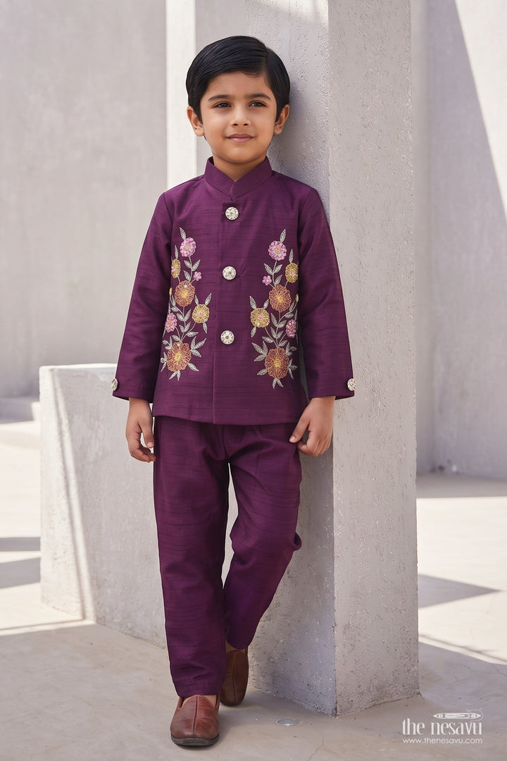 Boys Sherwani Set in Purple with Floral Detailing for Family Functions