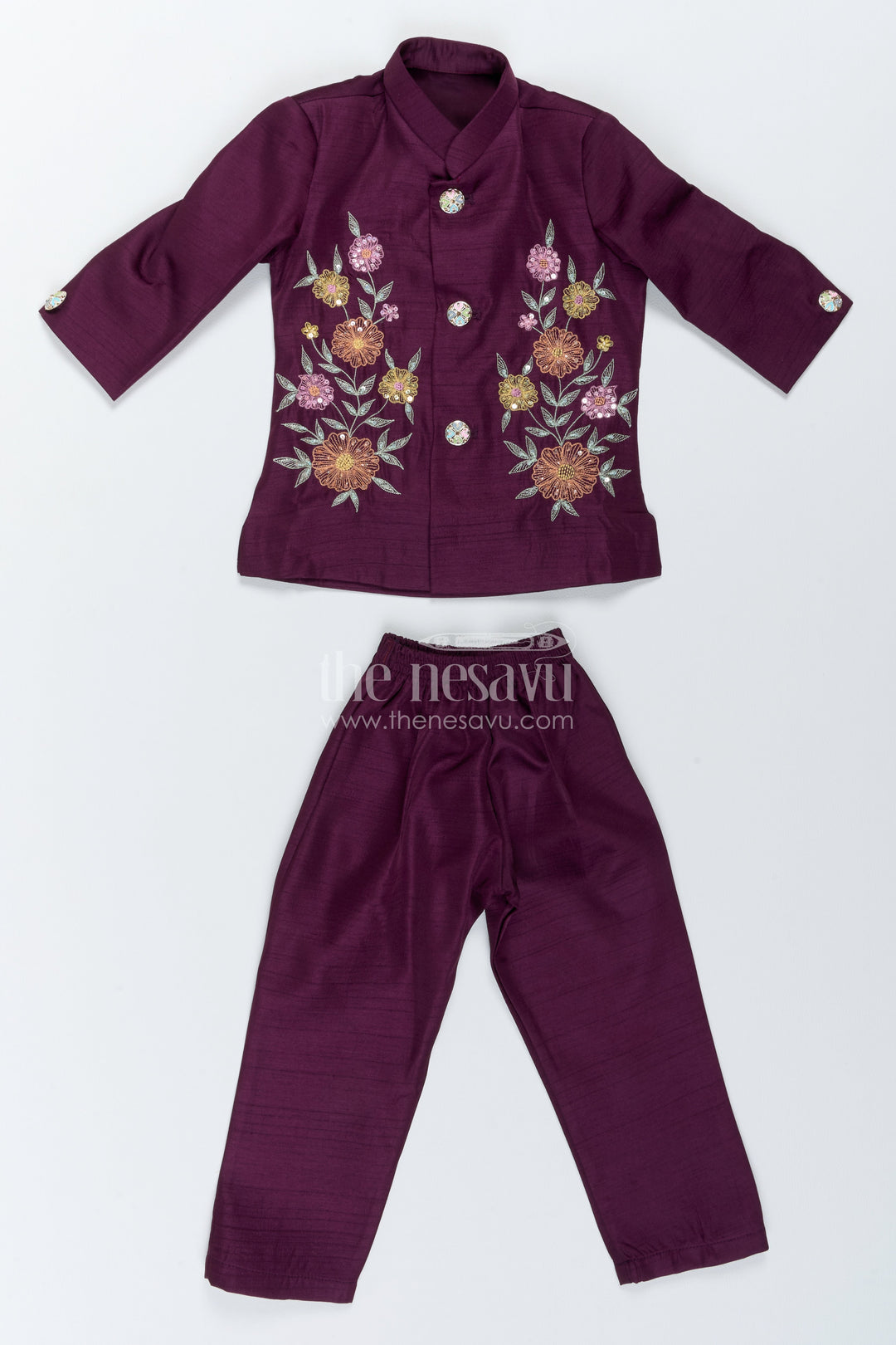 Boys Sherwani Set in Purple with Floral Detailing for Family Functions
