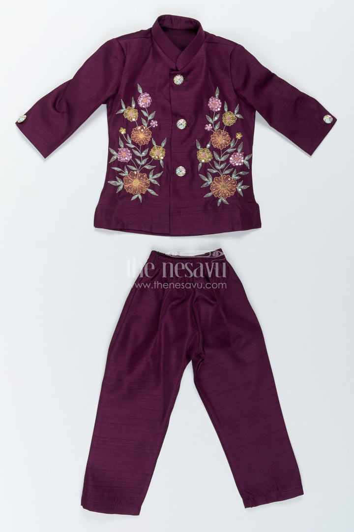 Boys Sherwani Set in Purple with Floral Detailing for Family Functions